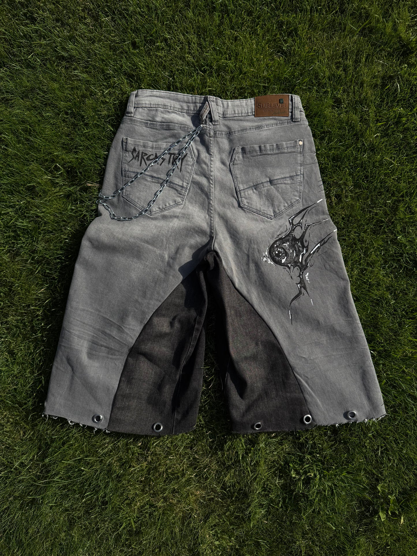 “Sharpeye” upcycled hand painted jorts