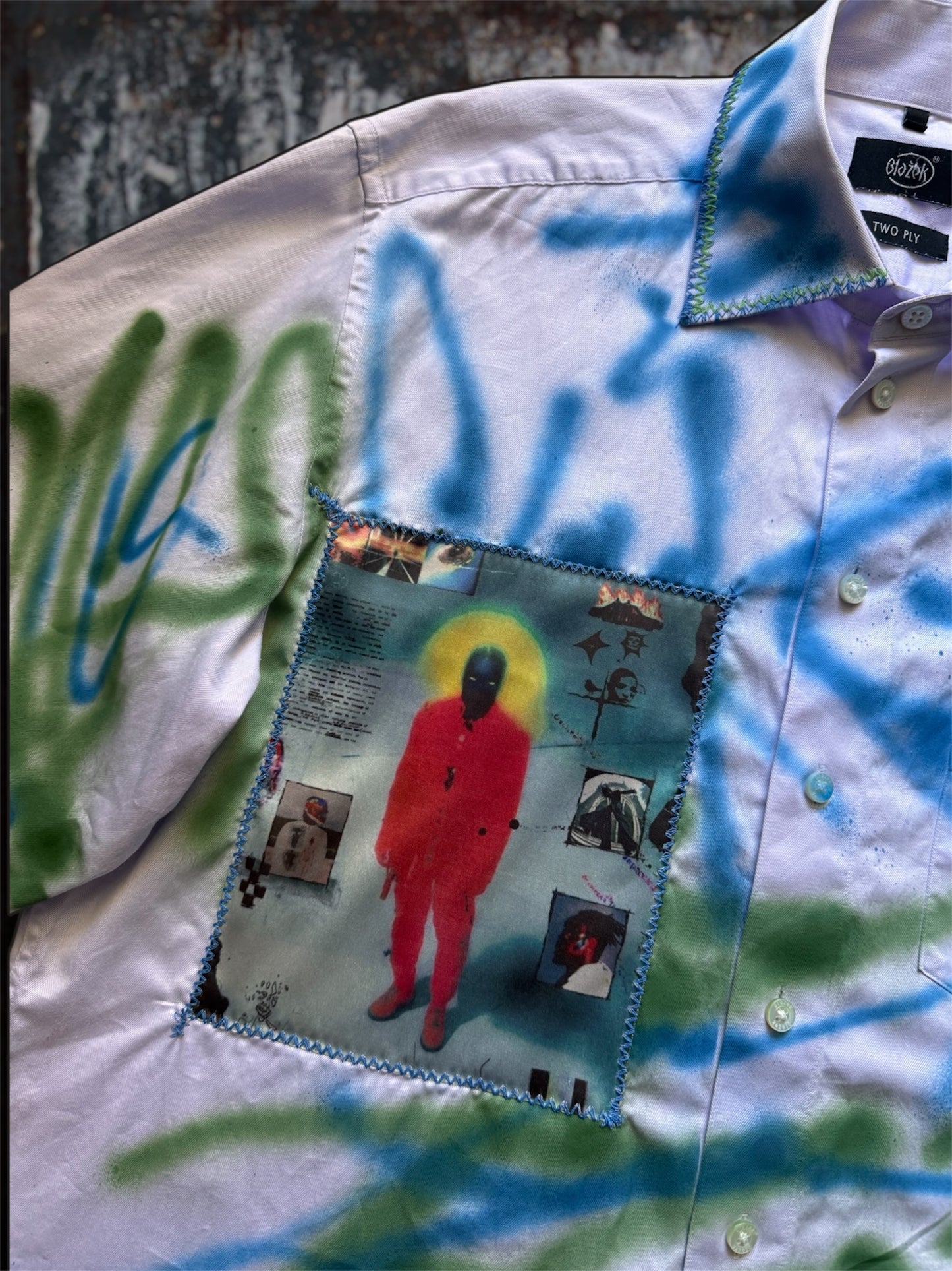 Sprayed light purple shirt with art pictures