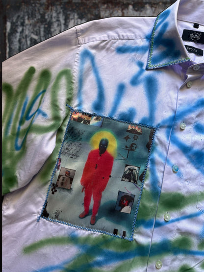 Sprayed light purple shirt with art pictures