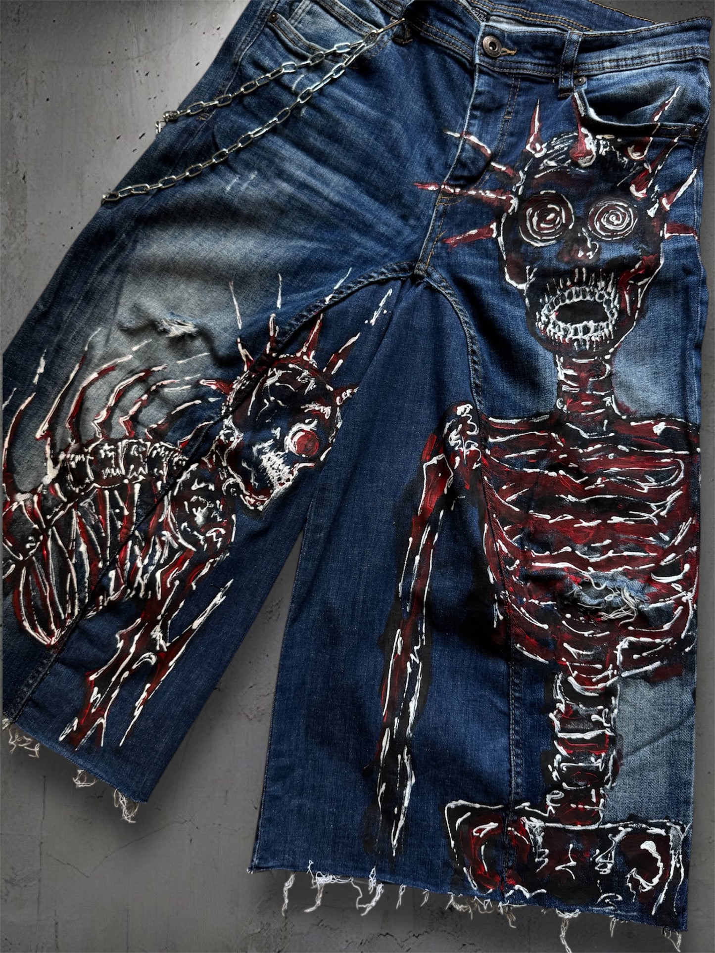 “Skull” 1/1 upcycled hand painted jorts