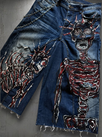 “Skull” 1/1 upcycled hand painted jorts