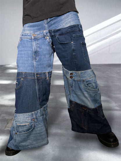 Baggy blue jeans created out of denim jeans tops