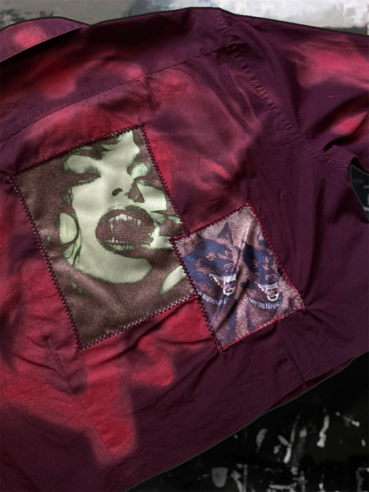 Sprayed light dark red shirt with art pictures