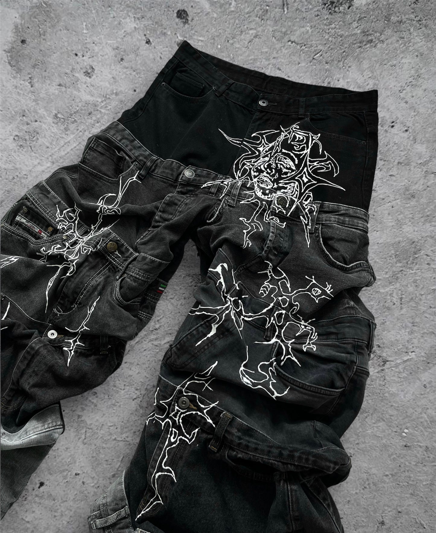 “Enchanted” 1 of 1 baggy draped jeans with 3D designs