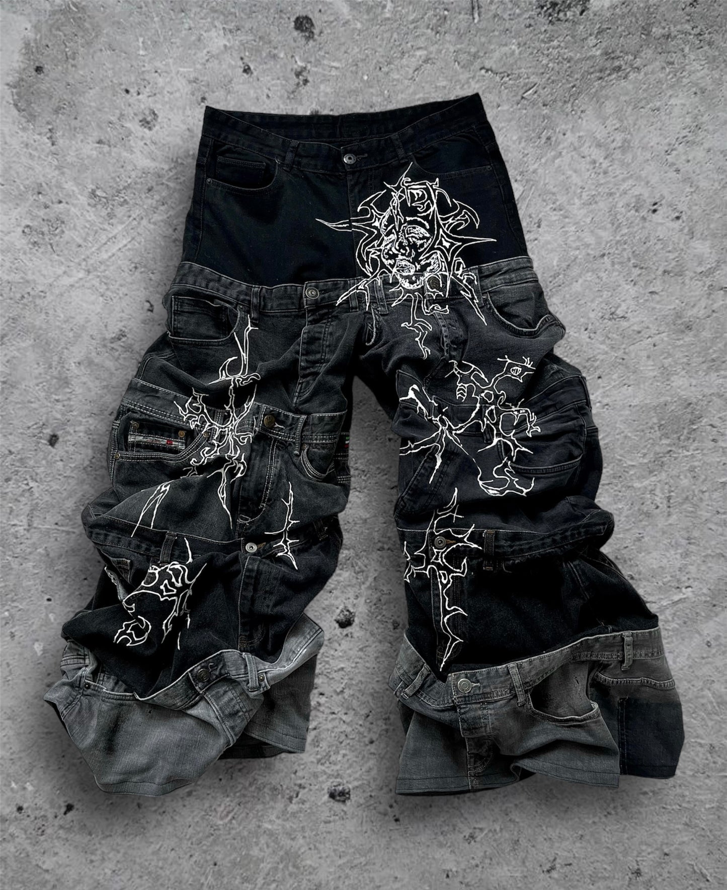 “Enchanted” 1 of 1 baggy draped jeans with 3D designs