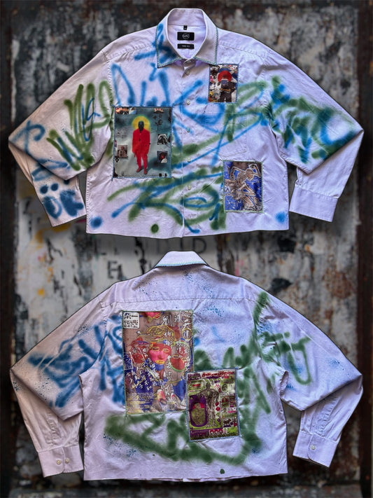 Sprayed light purple shirt with art pictures