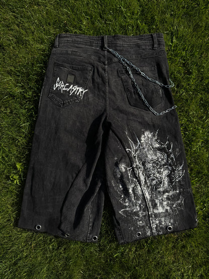 “Rabbit eye” 1/1 upcycled hand painted jorts