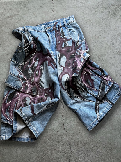 1/1 blue upcycled hand painted jorts