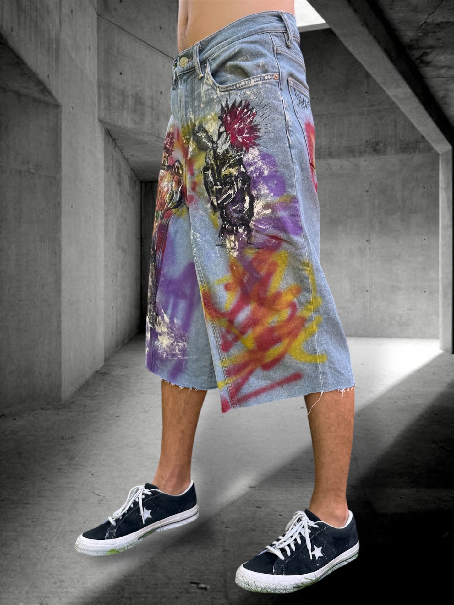 “Skater punk” 1/1 upcycled hand painted jorts