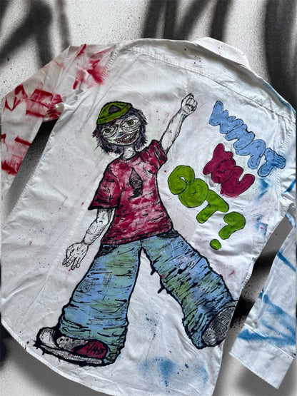 “What you got?” Handpainted shirt