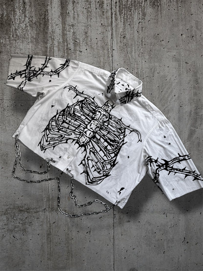 Cropped hand painted white shirt with chains “RIBS”