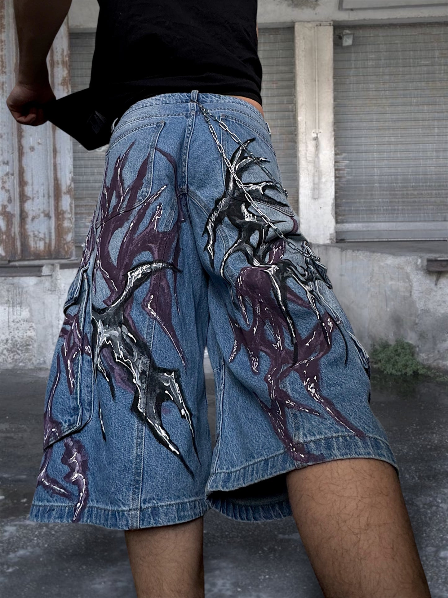 1/1 blue upcycled hand painted jorts