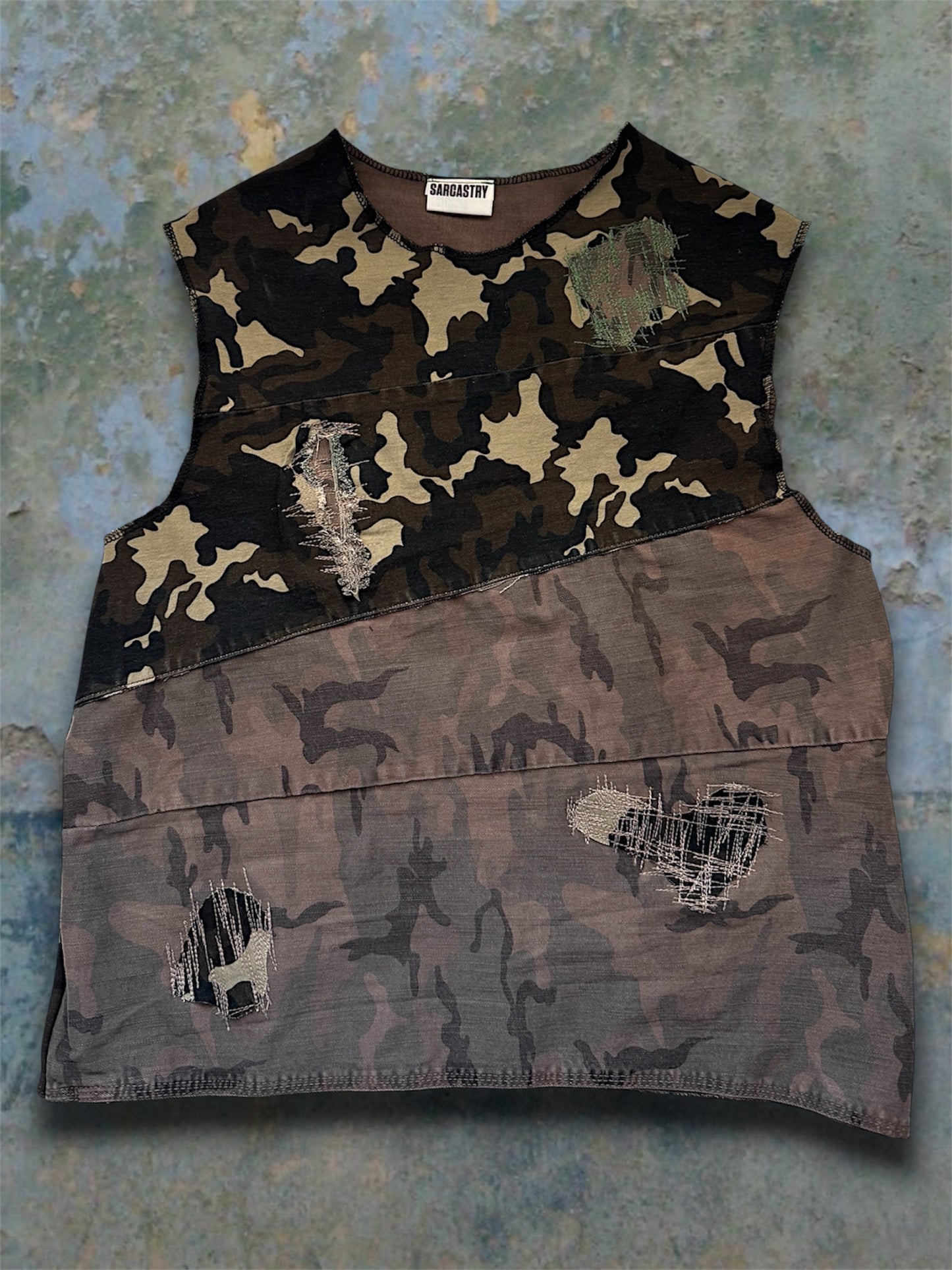 Camouflage upcycled denim top