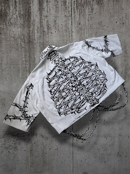 Cropped hand painted white shirt with chains “RIBS”