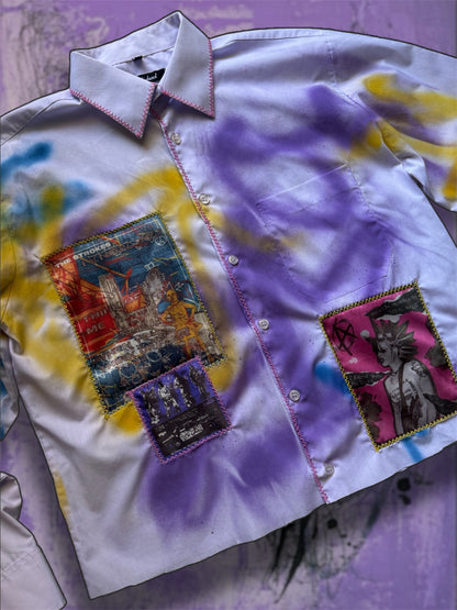 Sprayed light purple shirt with art pictures