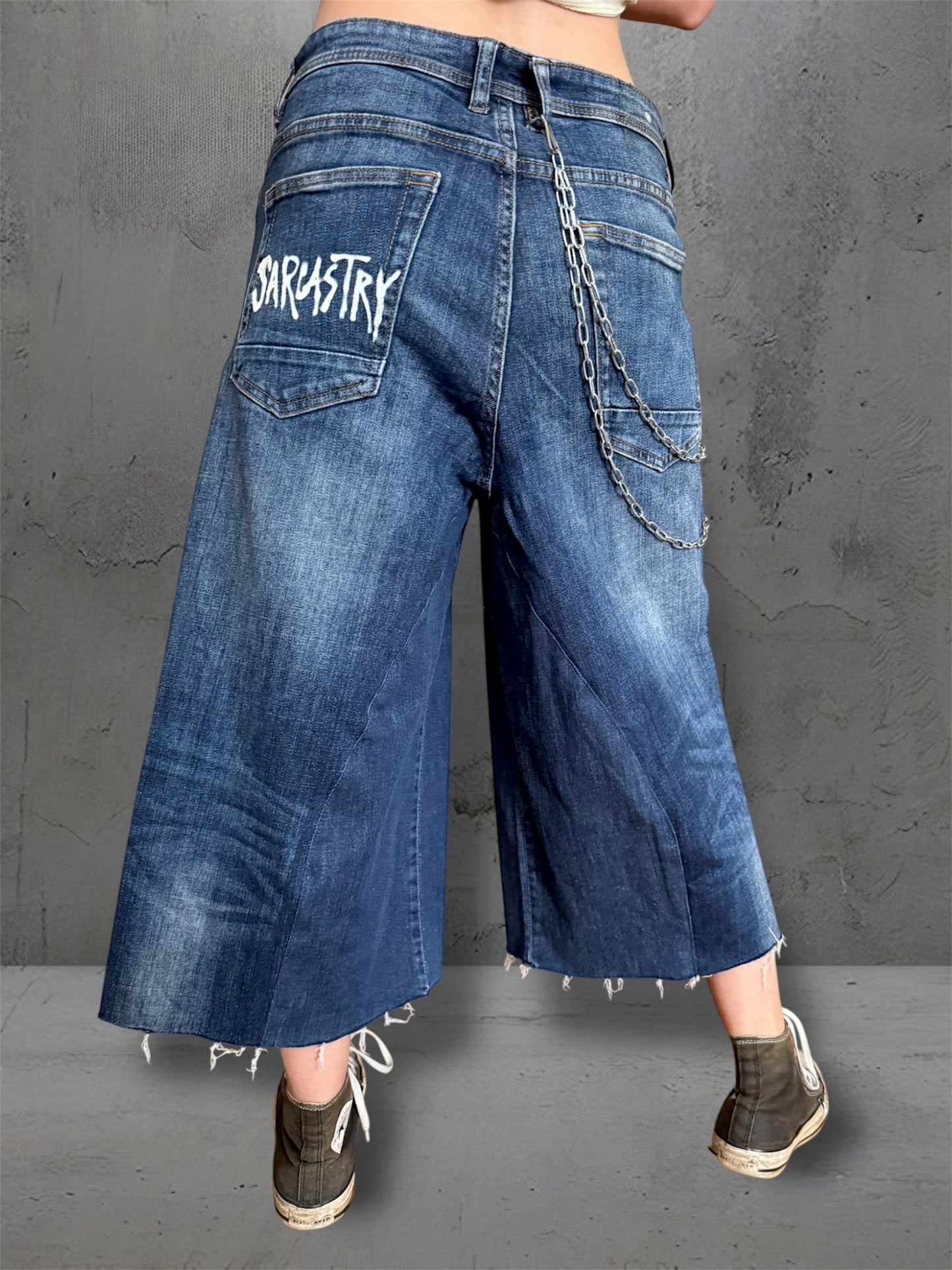 “Skull” 1/1 upcycled hand painted jorts