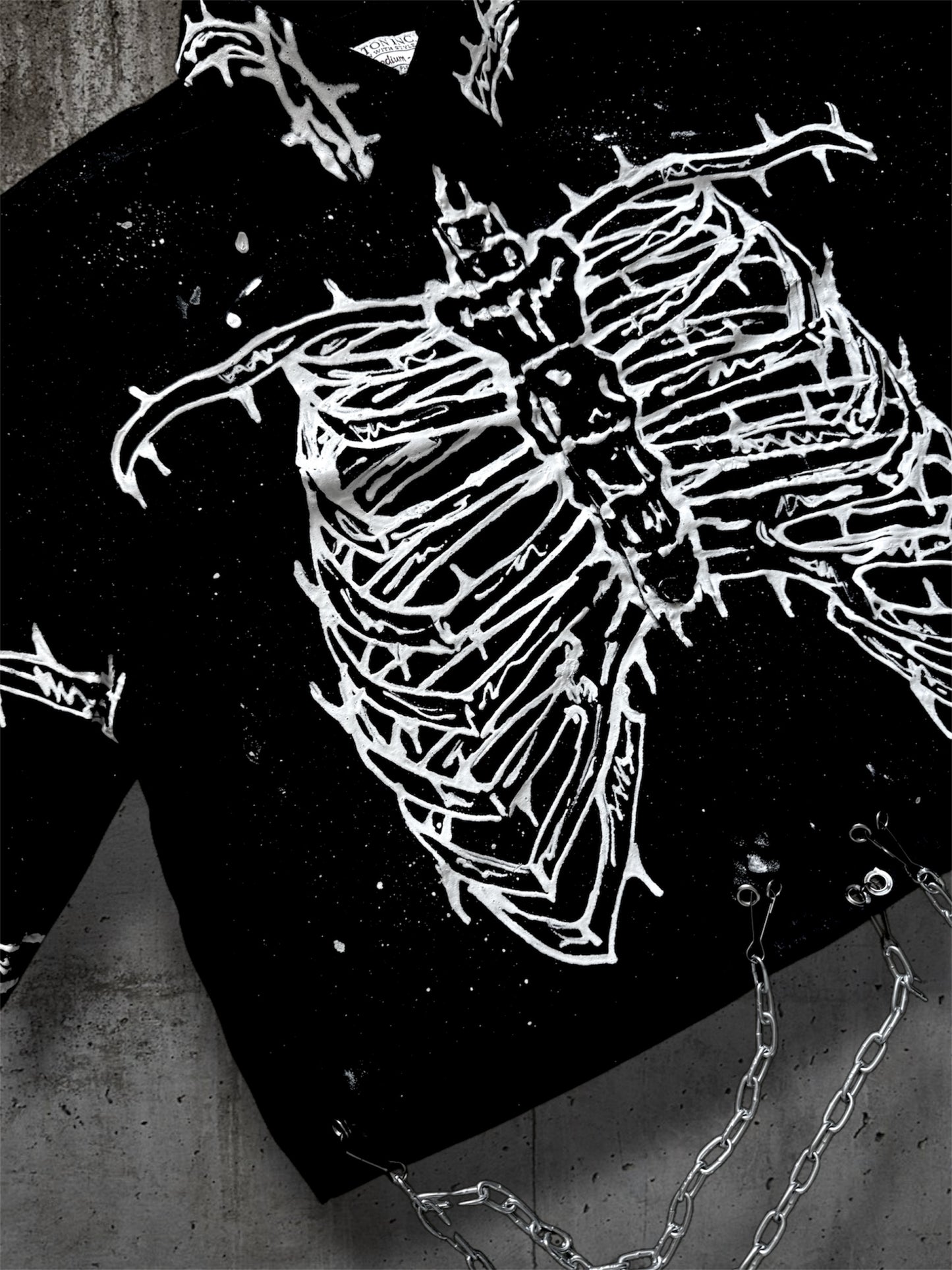 Cropped hand painted black shirt with chains “RIBS”
