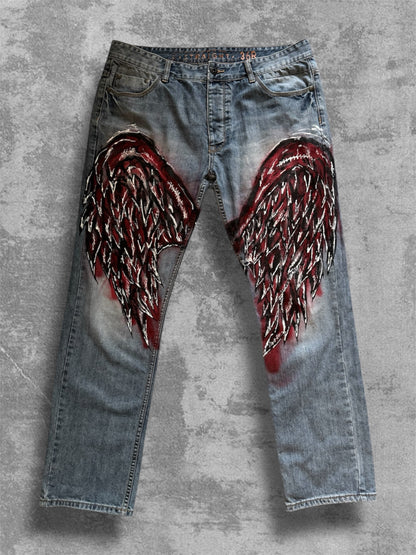 “Wings” Hand painted blue jeans