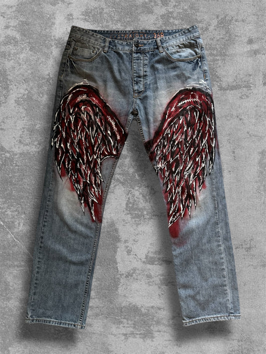“Wings” Hand painted blue jeans