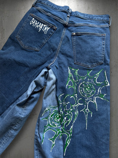 “Eye virus” 1/1 blue upcycled hand painted jorts