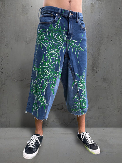 “Eye virus” 1/1 blue upcycled hand painted jorts