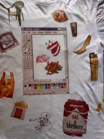 “Lunch” 1/1 upcycled white T-shirt