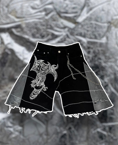Wide denim shorts with 3D art
