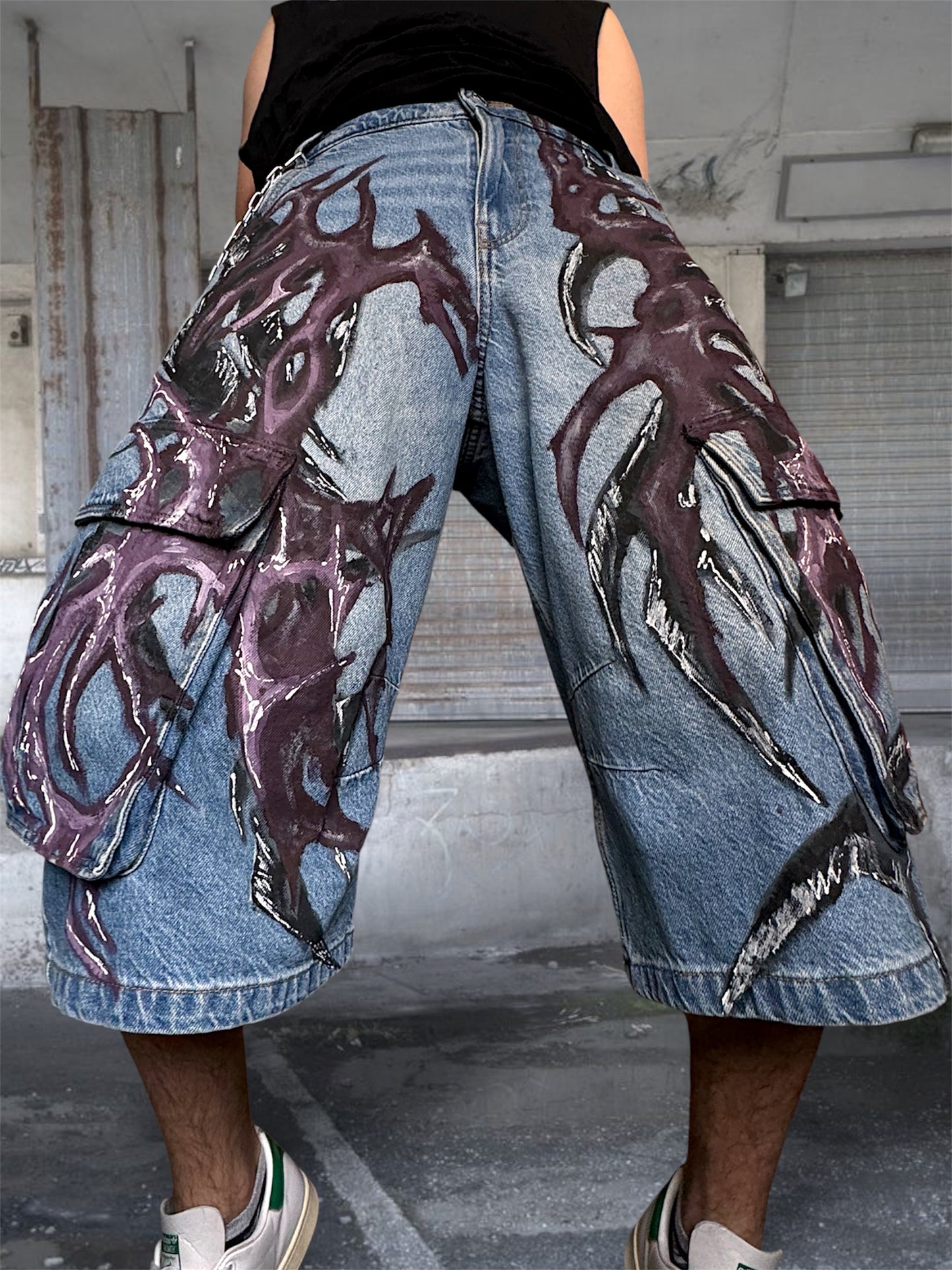 1/1 blue upcycled hand painted jorts