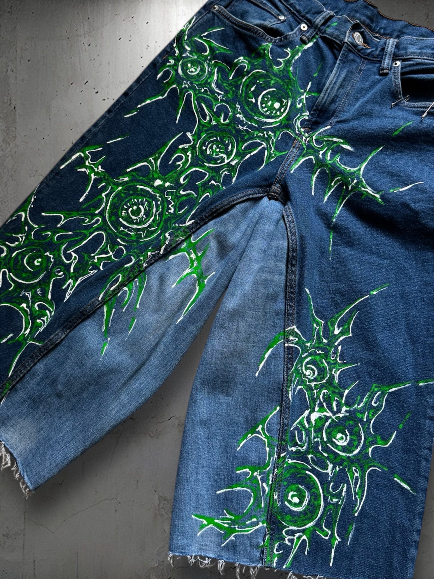 “Eye virus” 1/1 blue upcycled hand painted jorts
