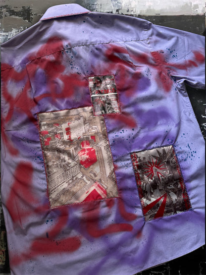 Sprayed purple shirt with art pictures