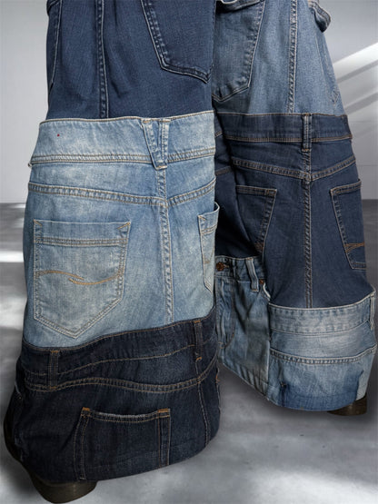 Baggy blue jeans created out of denim jeans tops
