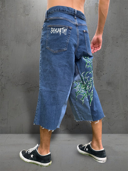 “Eye virus” 1/1 blue upcycled hand painted jorts