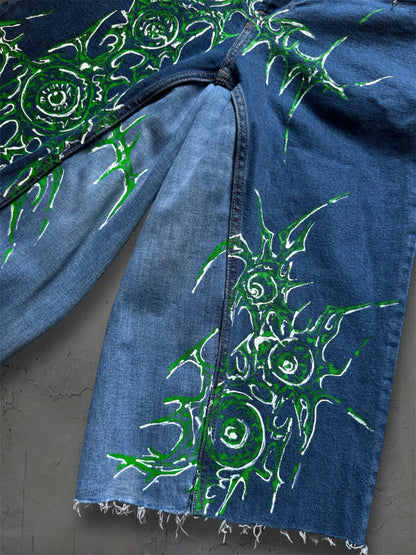“Eye virus” 1/1 blue upcycled hand painted jorts