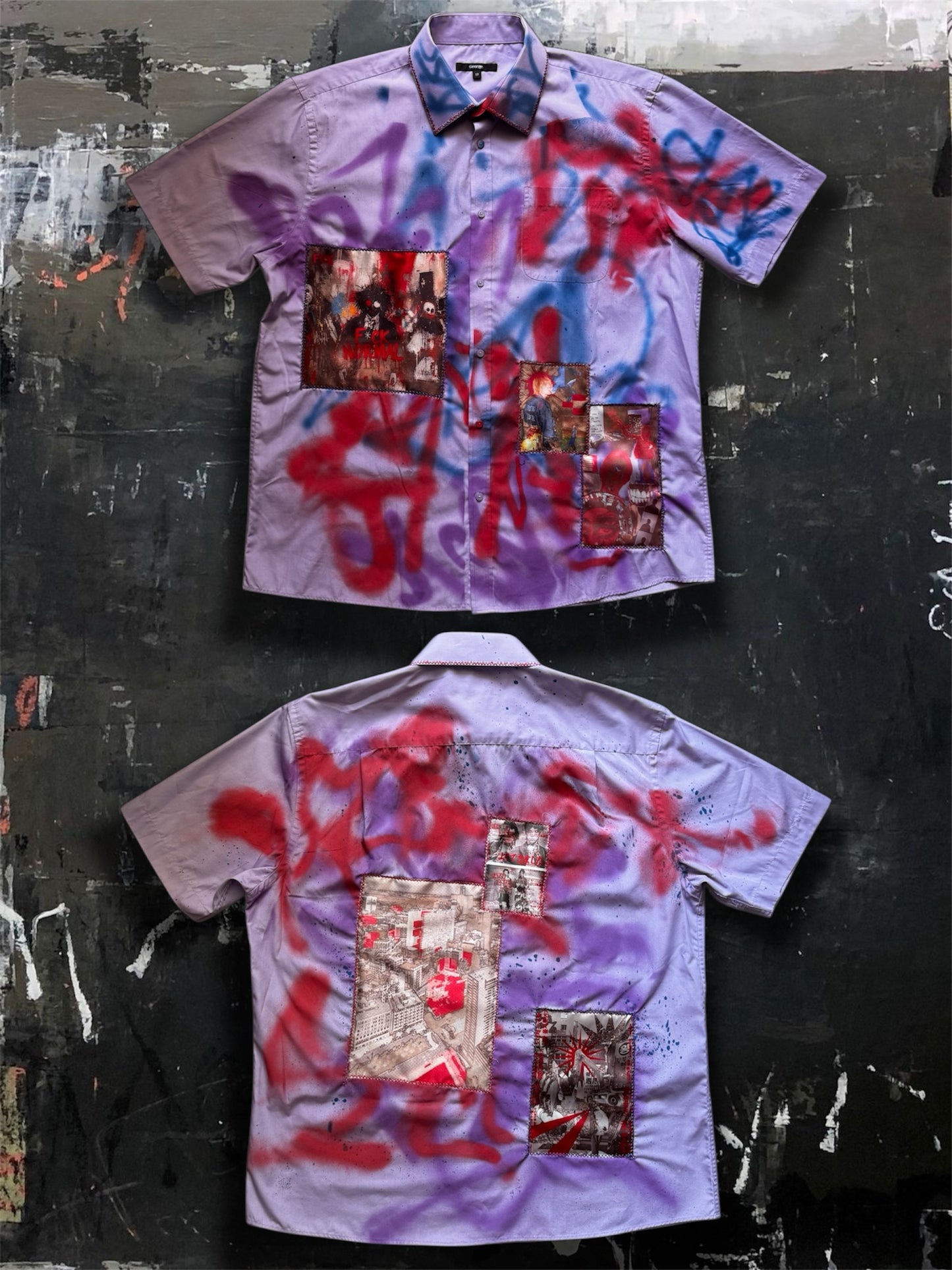 Sprayed purple shirt with art pictures