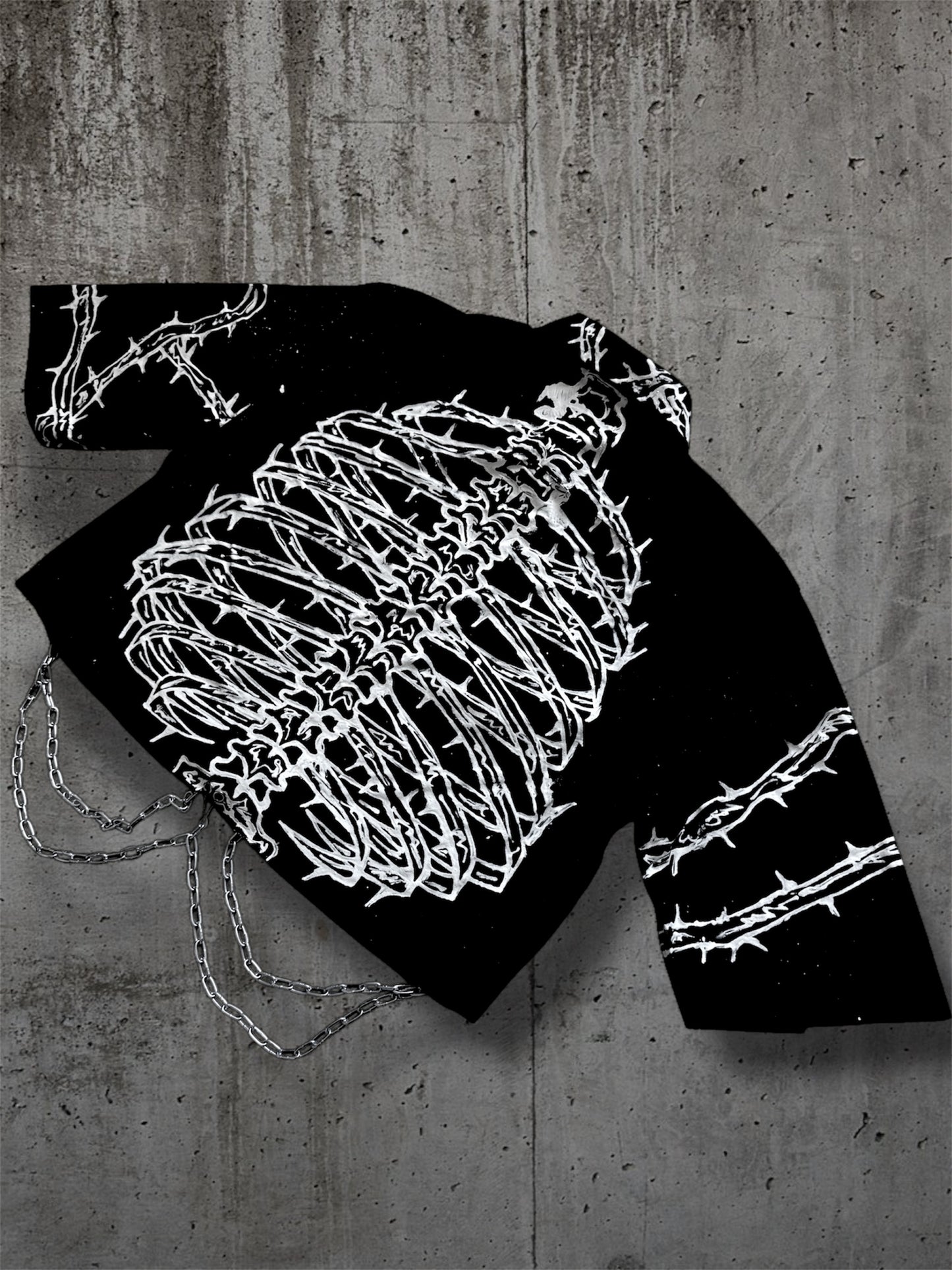 Cropped hand painted black shirt with chains “RIBS”