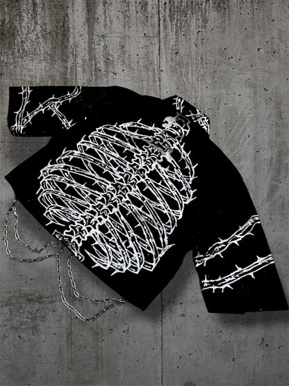 Cropped hand painted black shirt with chains “RIBS”