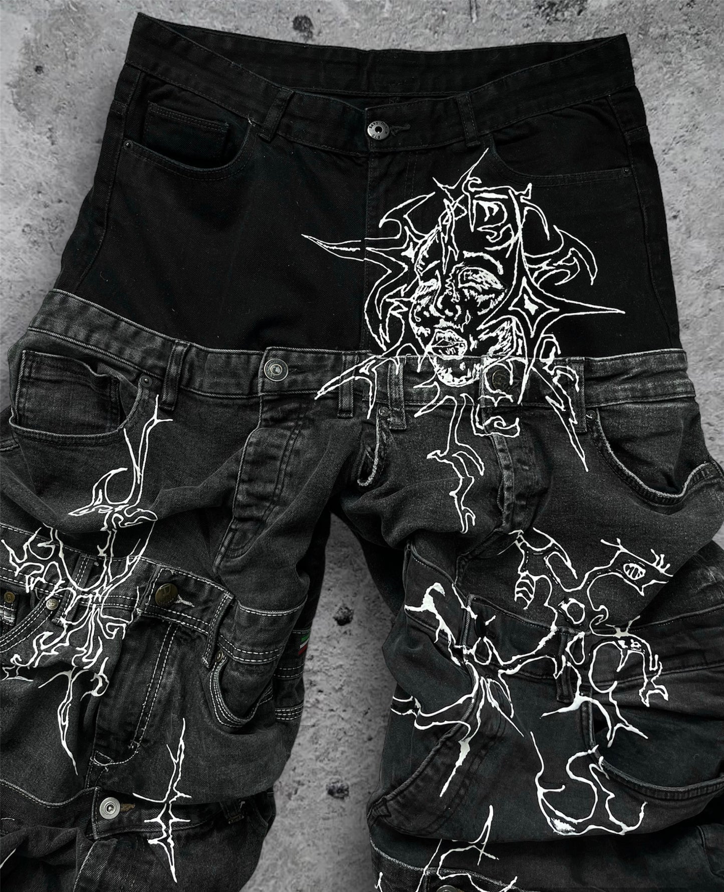 “Enchanted” 1 of 1 baggy draped jeans with 3D designs