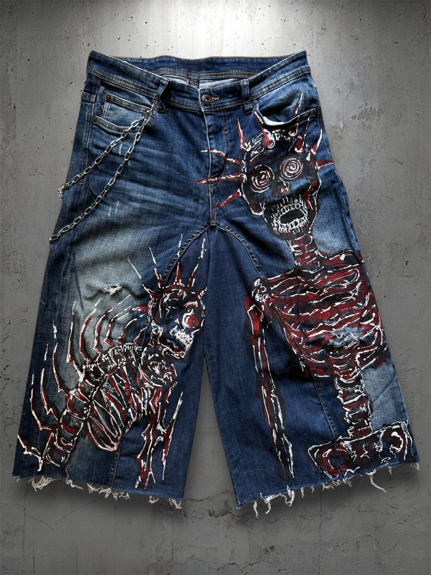 “Skull” 1/1 upcycled hand painted jorts