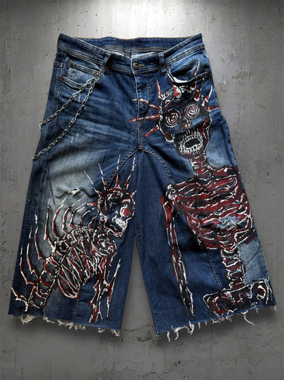 “Skull” 1/1 upcycled hand painted jorts