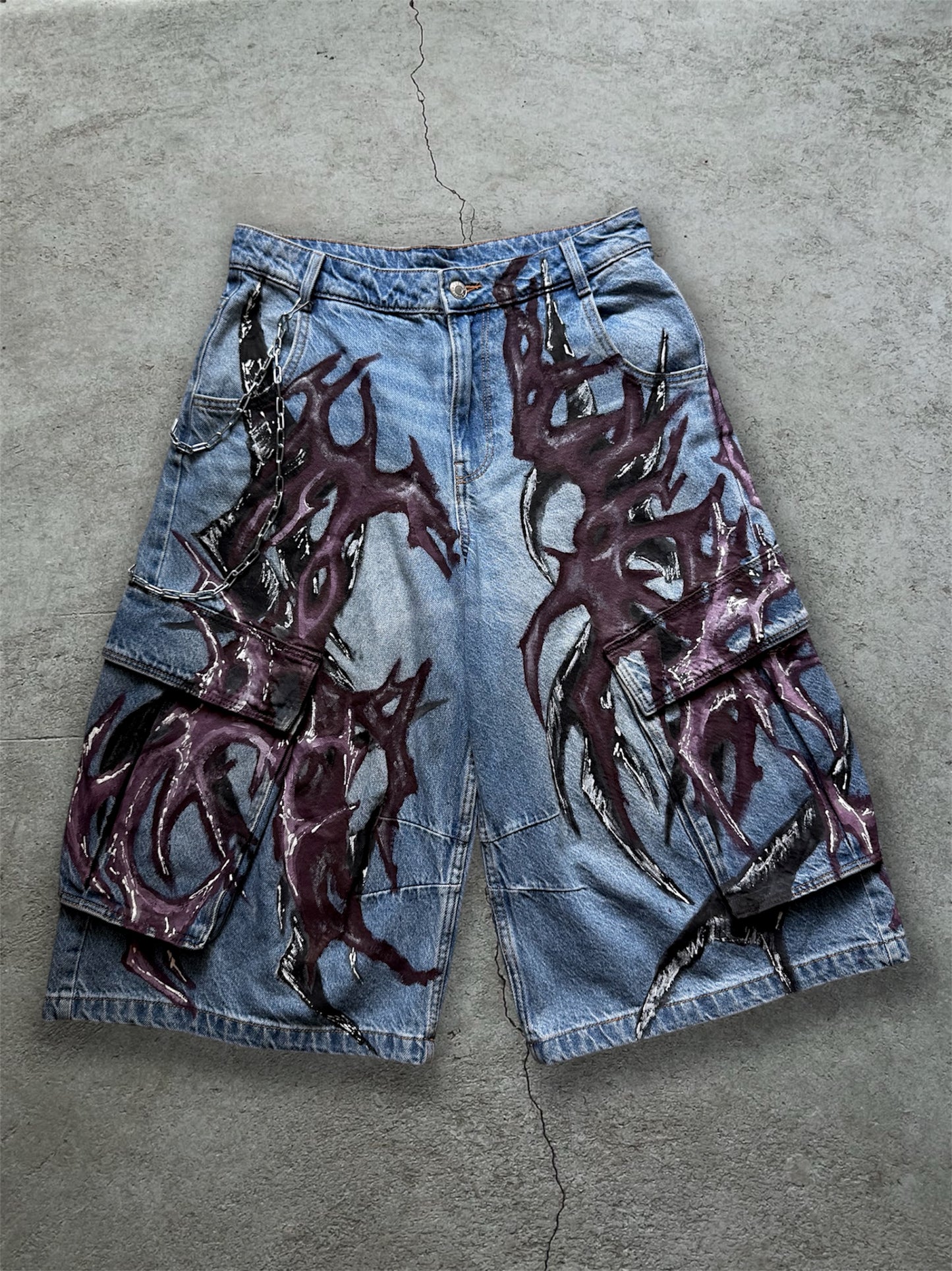 1/1 blue upcycled hand painted jorts
