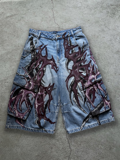 1/1 blue upcycled hand painted jorts