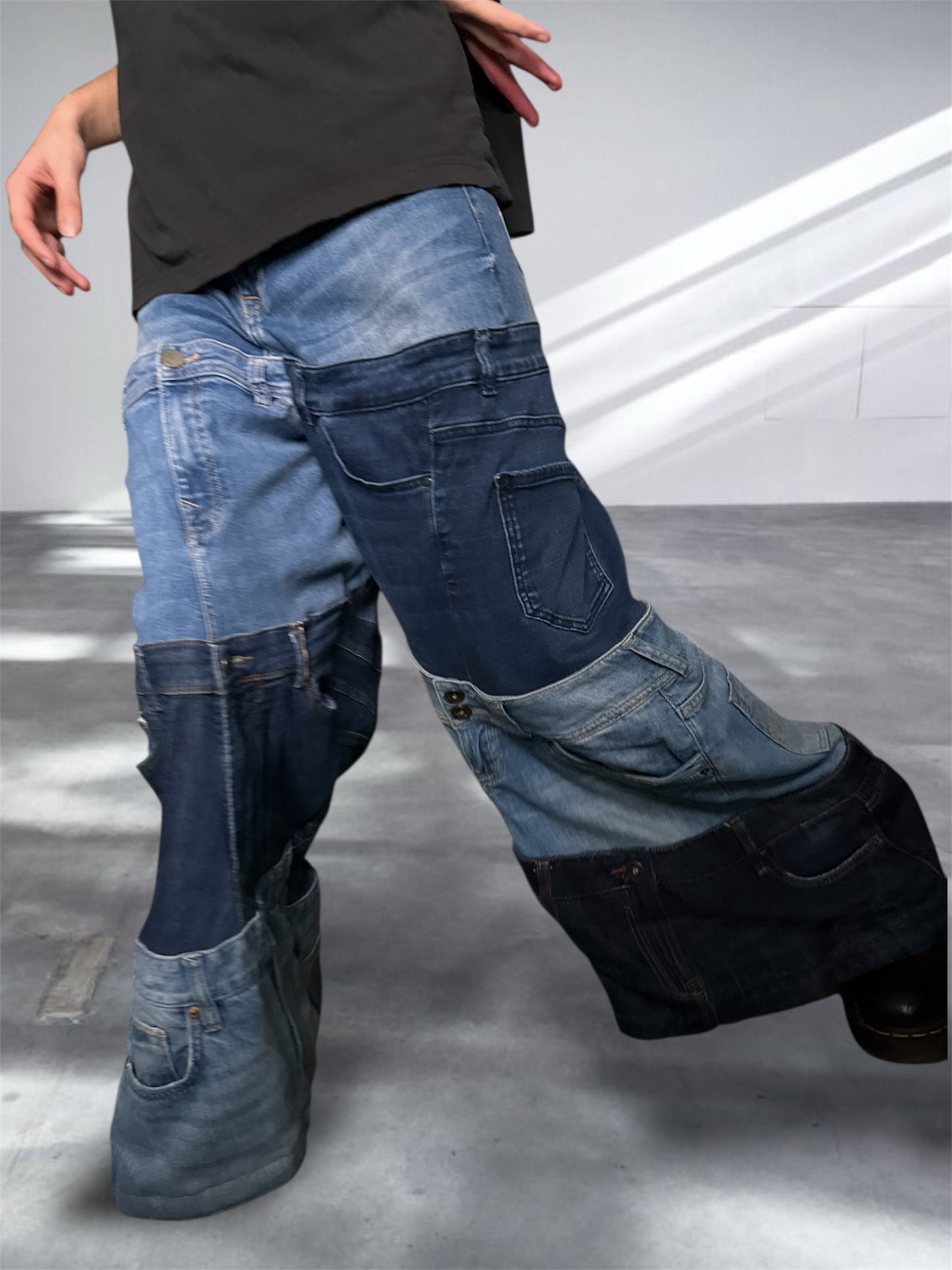 Baggy blue jeans created out of denim jeans tops