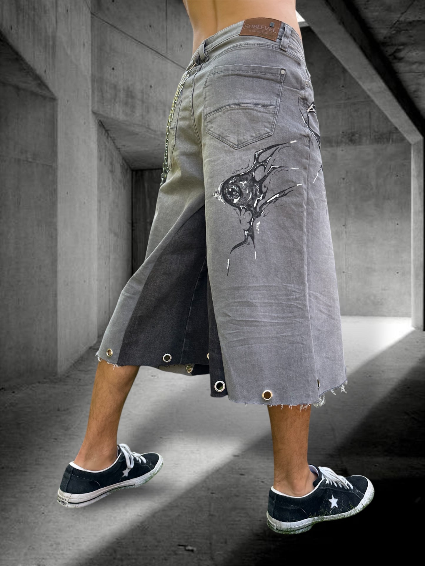 “Sharpeye” upcycled hand painted jorts