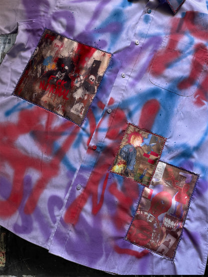 Sprayed purple shirt with art pictures