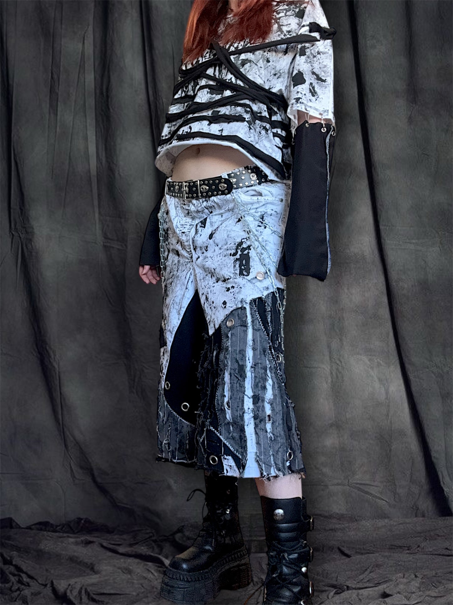 Upcycled black and white cropped T-shirt