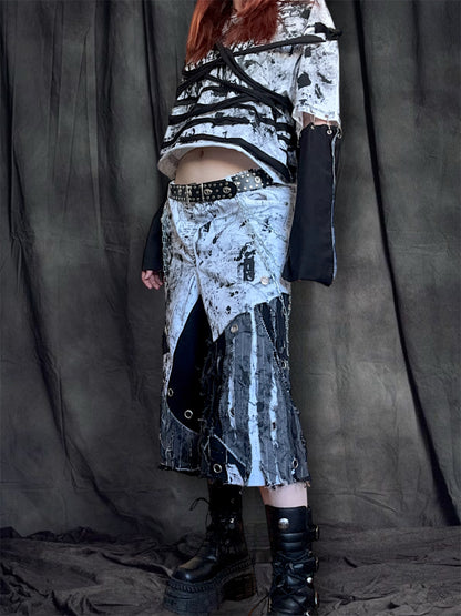 Upcycled black and white cropped T-shirt