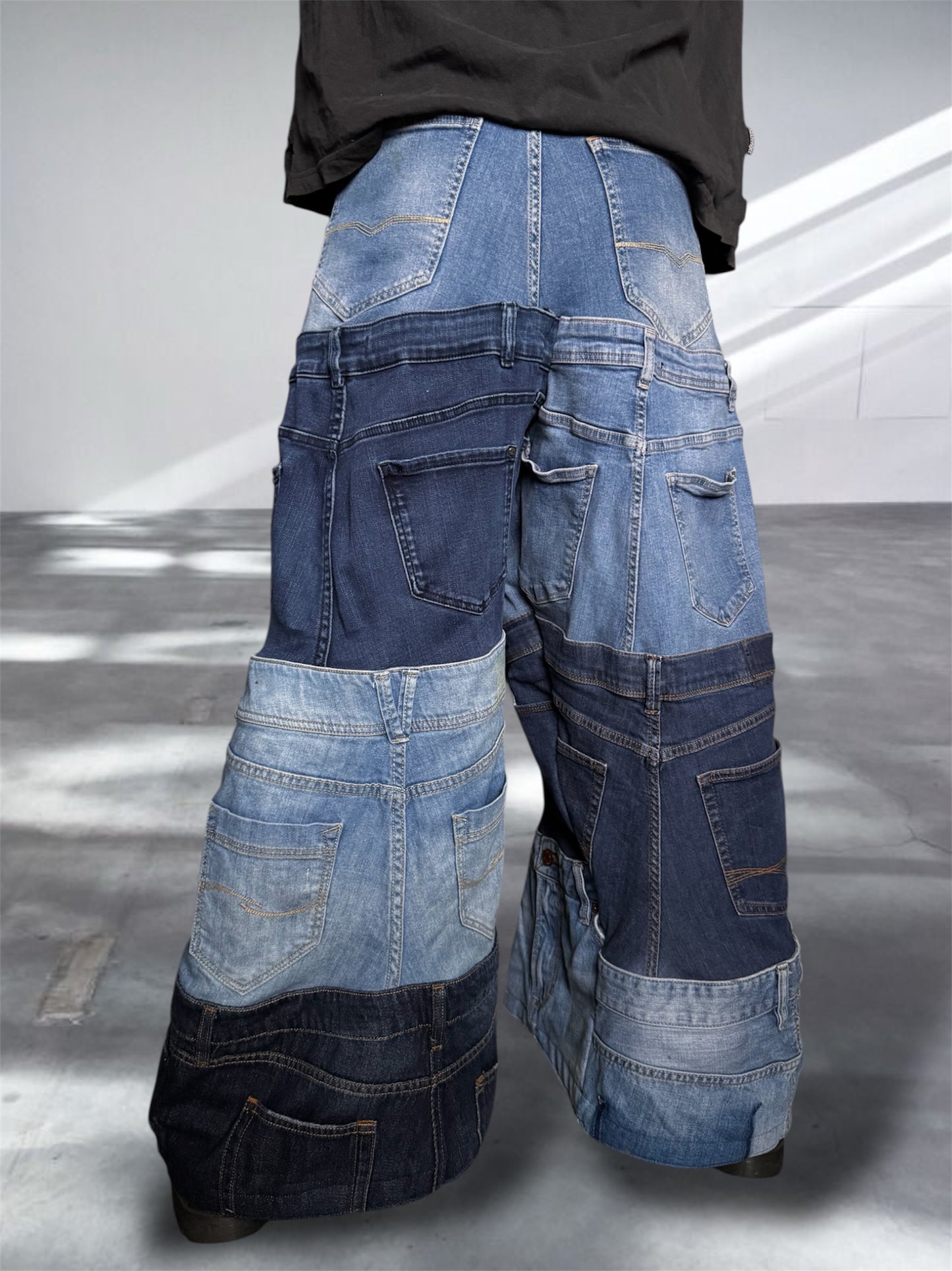 Baggy blue jeans created out of denim jeans tops