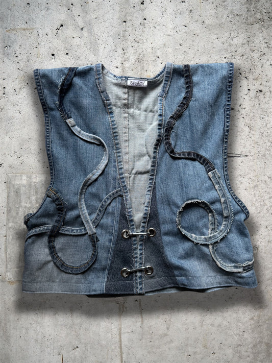 Repurposed blue denim vest - short