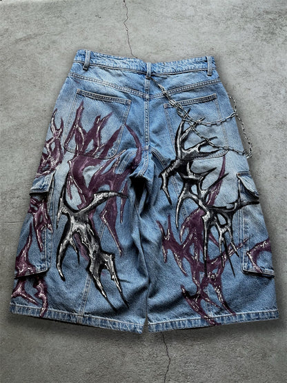 1/1 blue upcycled hand painted jorts