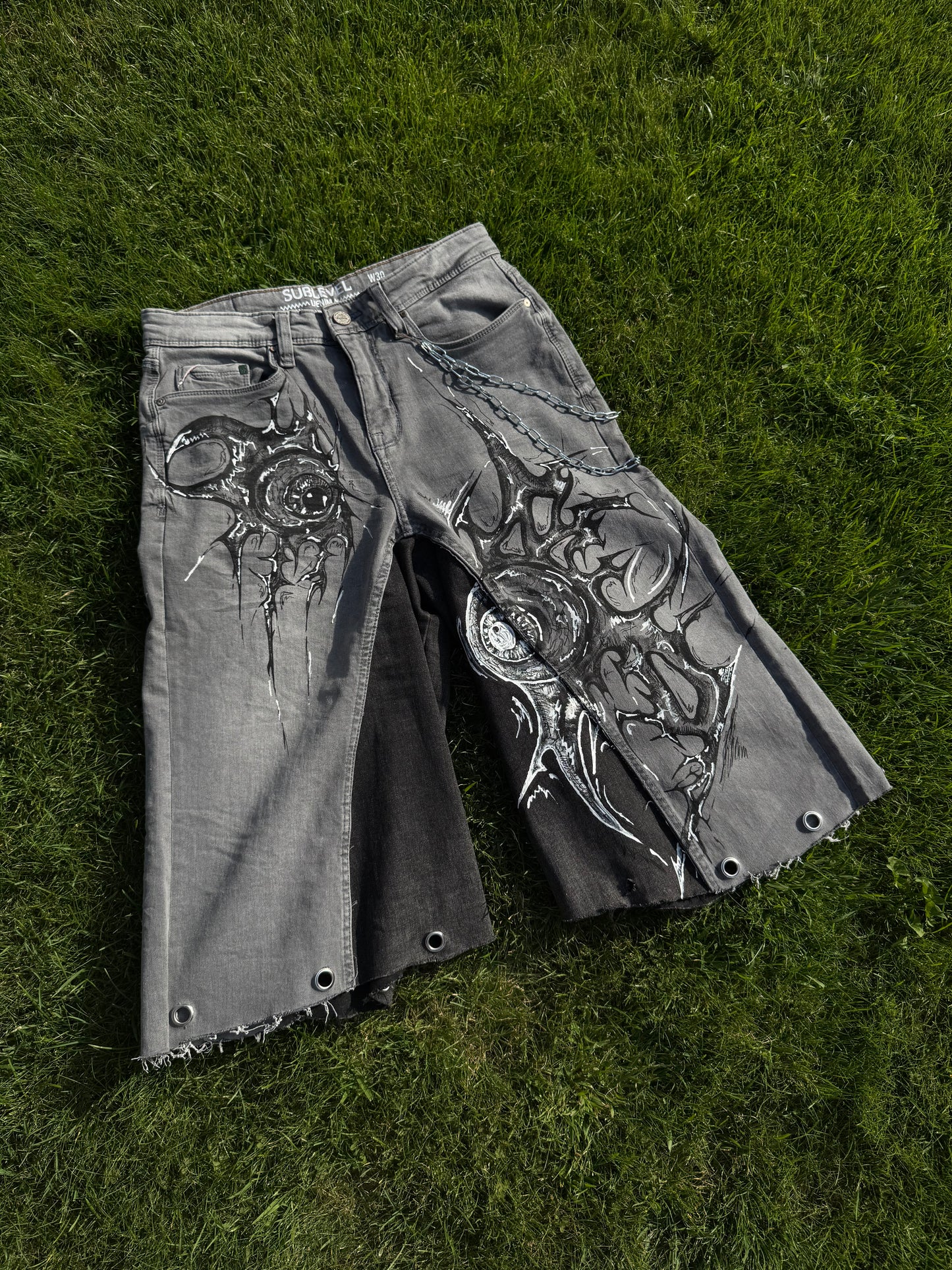 “Sharpeye” upcycled hand painted jorts